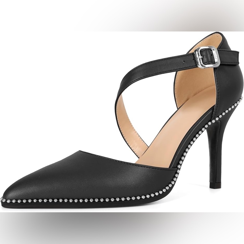 Faux Leather Black Women's Heels with silver stud Detailing